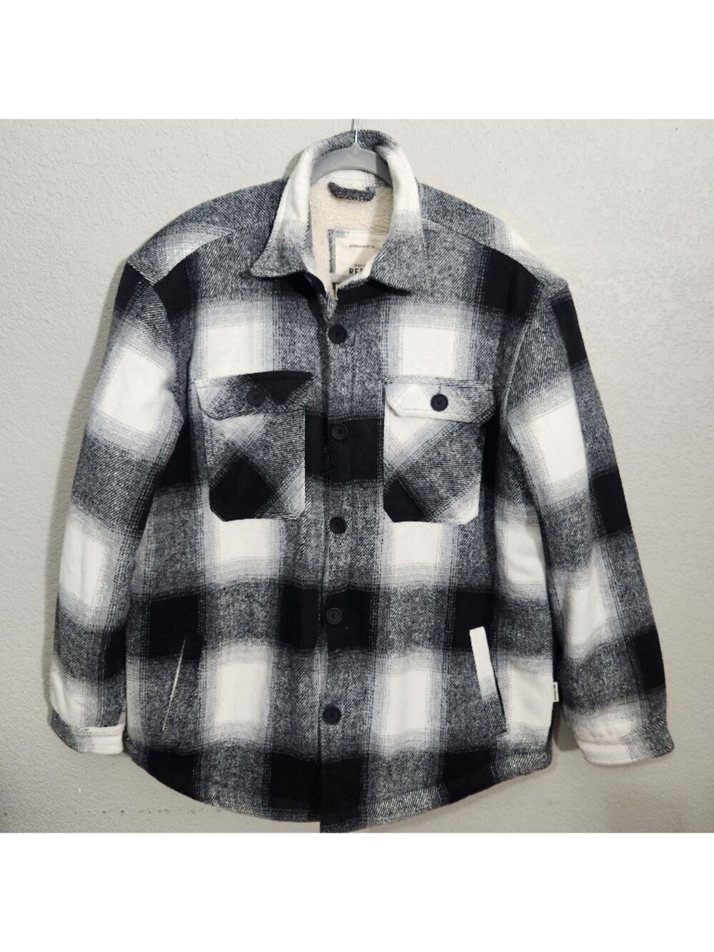 Redefined Rebel Mens XL Black & White Plaid Sherpa-Lined Shacket Jacket Coat Den